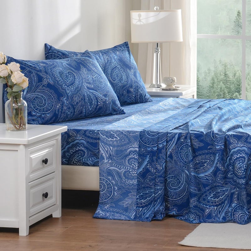 Bedlifes Queen Sheet Set Ultra Soft, Breathable, Silky Flower Deep Pocket 100% Microfiber Bedding, 4 Piece Queen Size Paisley Dark Navy Blue - Image 4